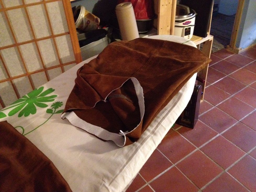 I folded the suede in half inside out and sewed it together along both sides. Did the same thing with the lining.