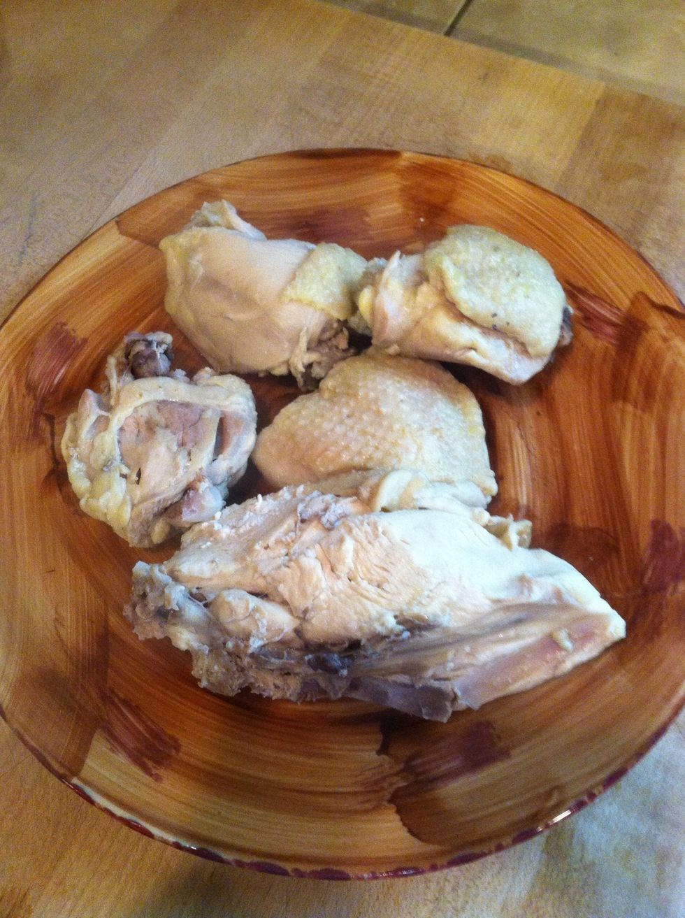 I forgot to take pictures when the chicken was cooking. Put enough water in a pot to cover chicken. Cook until done. Take out and let cool down.