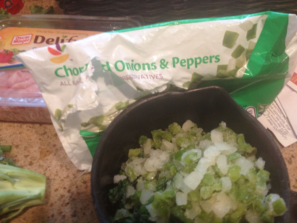 I found about a cup of frozen, ice covered onions and peppers- steamed those and threw them in- awesome product for chili making by the way!