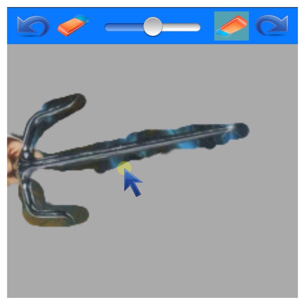 I found it easier to reveal the entire weapon and even the background around it first, then carefully erase the background which is shown better in next step.
