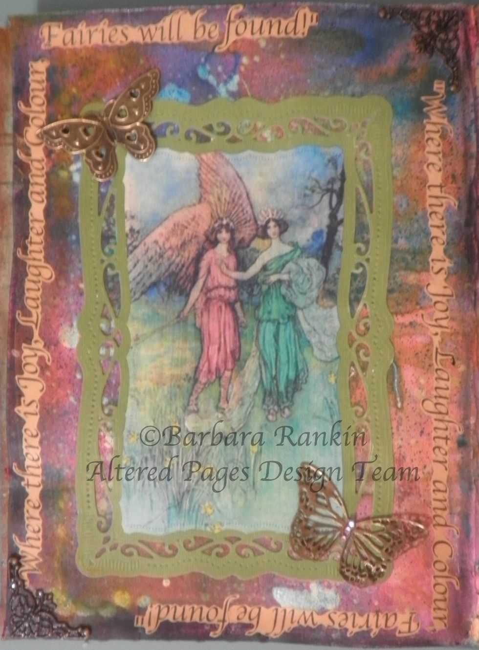 I found some fairy quotes online, so I computer-generated and printed them onto tan paper for use on my journal/tag pages. I fussy cut around the quotes and adhered around the page.