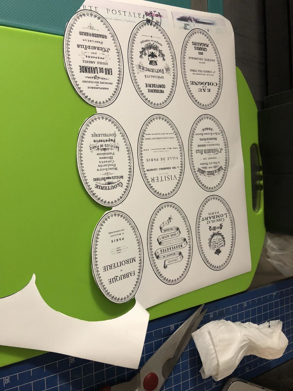 I found some french old fashioned graphics, that I printed on my inkjet printer, the paper I used has glue on the other side