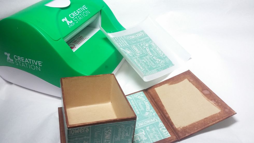 I found that using my Xyron Creative station, this made this step super quick and accurate. The glue gets on every little corner, making for a quality connection to the surface.