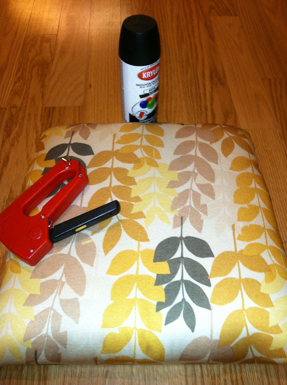 I found this lovely fabric on sale at Joann's Fabric store for $6/yd. 1 yard covered 2 chair cushions with some to spare. Use foam, staple gun to upholster the cushion.