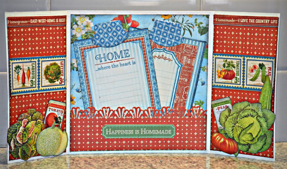 I fussy cut veggies and other items from Graphic 45's Home Sweet Home "Farmers' Market" cardstock and added to the inside flaps of the card.