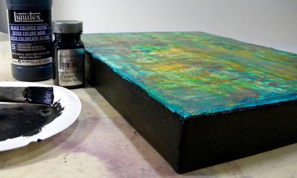 I gave the edges a coat of black gesso and let it dry. Then painted Black Leather Jacket Sorbet on top to add shine to the sides. I mean, you can't have too much shimmer and shine, right??