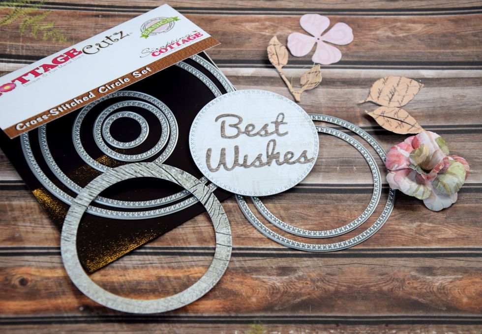 I glue inscription Best Wishes on the circle. I make the very nice circle with help CottageCutz Cross-Stitched Circle Set (Basics)
