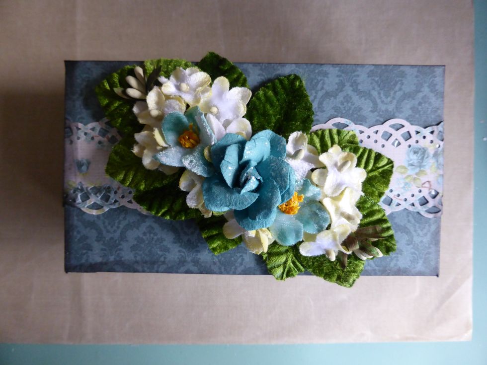 I glued this to the top of the box and added two teal Petaloo blossoms from the flower add on pack plus a larger teal flower from my stash