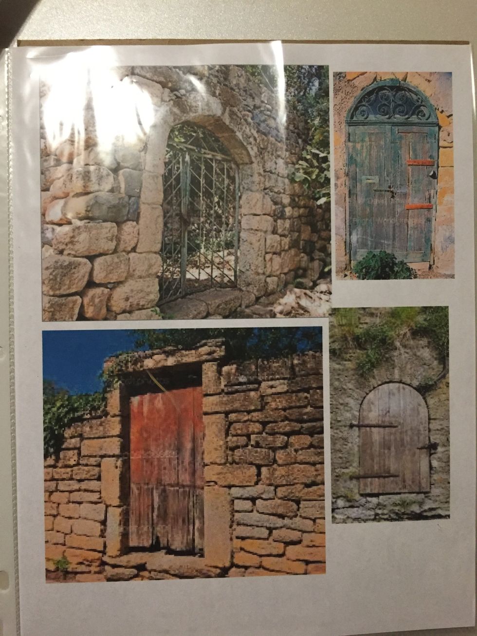 I Googled images of castle and cave doors to give me ideas... because of these reference photos, I decided to paint smaller stones around door & paint on hinges and massive wood grain.
