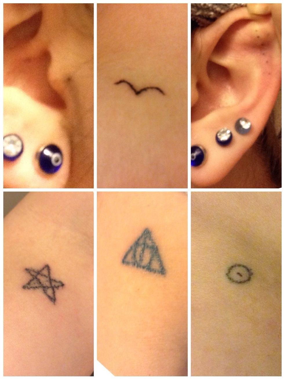 I got a dot in my ear, a bird on my chest, row of dots in my other ear. Star on my inner left elbow. Deathly Hallows on my right elbow. And an evil eye on my right knee, that was the first one I did.