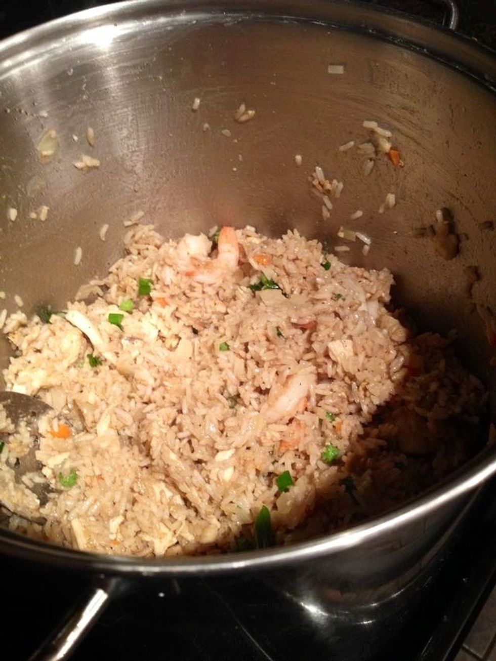 I got in a hurry to make it. Set on high add your sesame oil & add your beaten eggs then rice (mix) add veggies, soy, tsp sugar, chopped green onions & shrimp, grate a tsp of ginger, constantly mix...