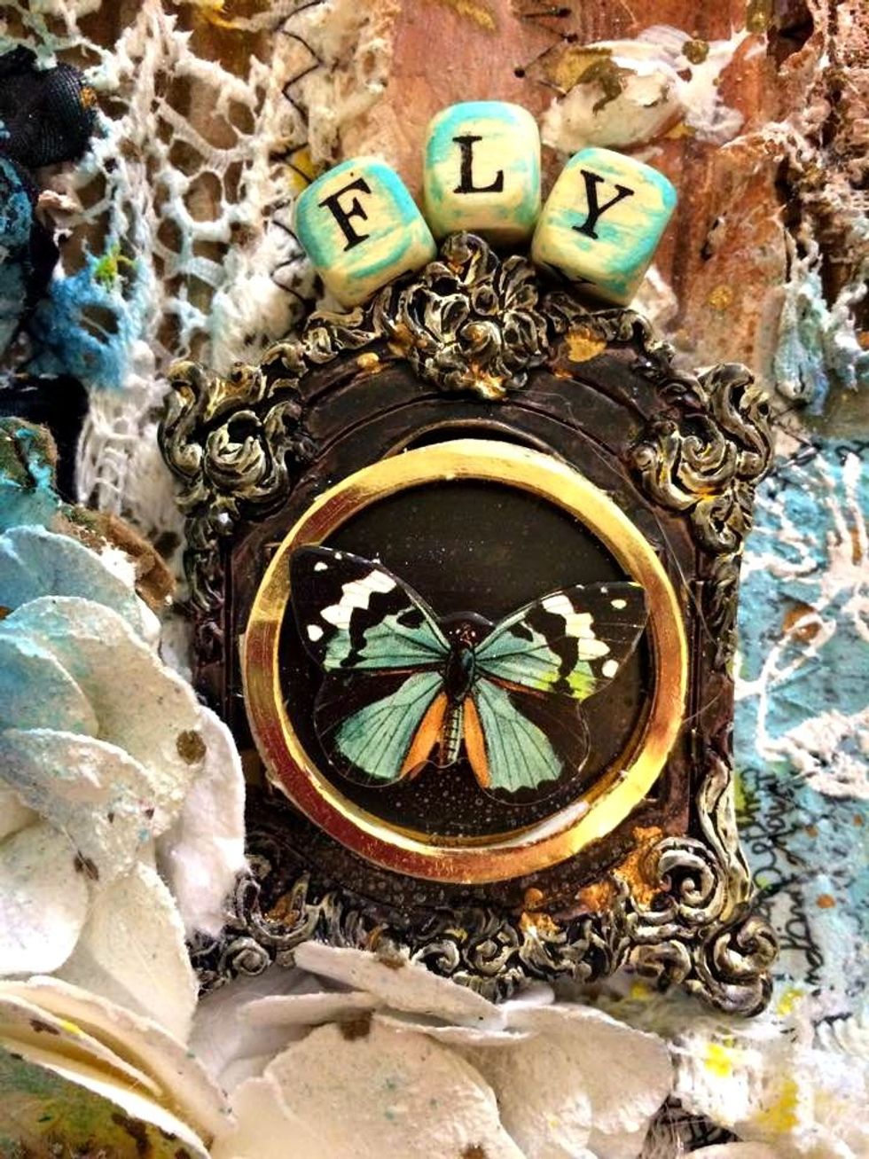 I got these little letter beads at Hobby Lobby in the jewelry section and they worked perfect. I misted them with Waimea Bay to give them a little color then glued them down with my glue gun