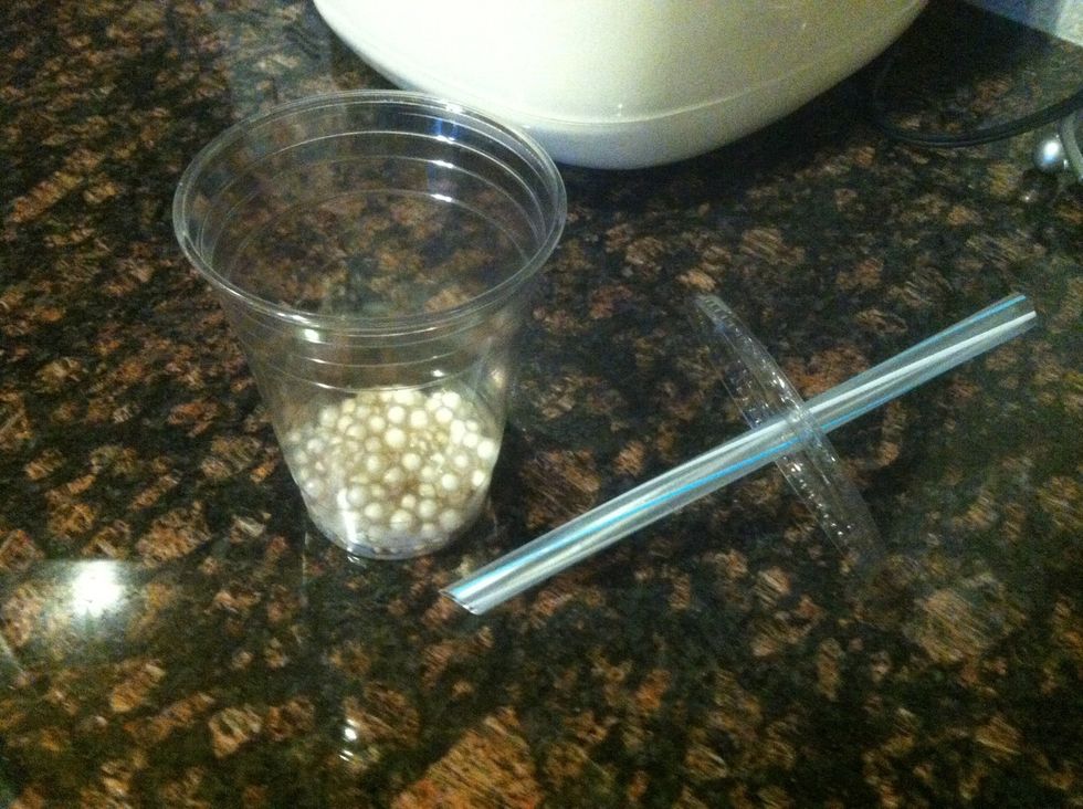 I got this cup when I ordered Boba from a local Pho restaurant and I kept it to use. It has the big straw for sucking up pearls. Put pearls in bottom of cup.