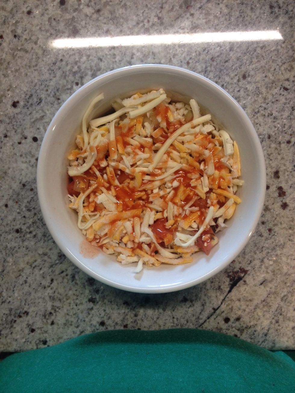 I had a bag of tex mex cheese but you can get fancy and use ANY kind of cheese you like. Also! Because I didn't have any tomato chutney lying around I added a dash of hot sauce.