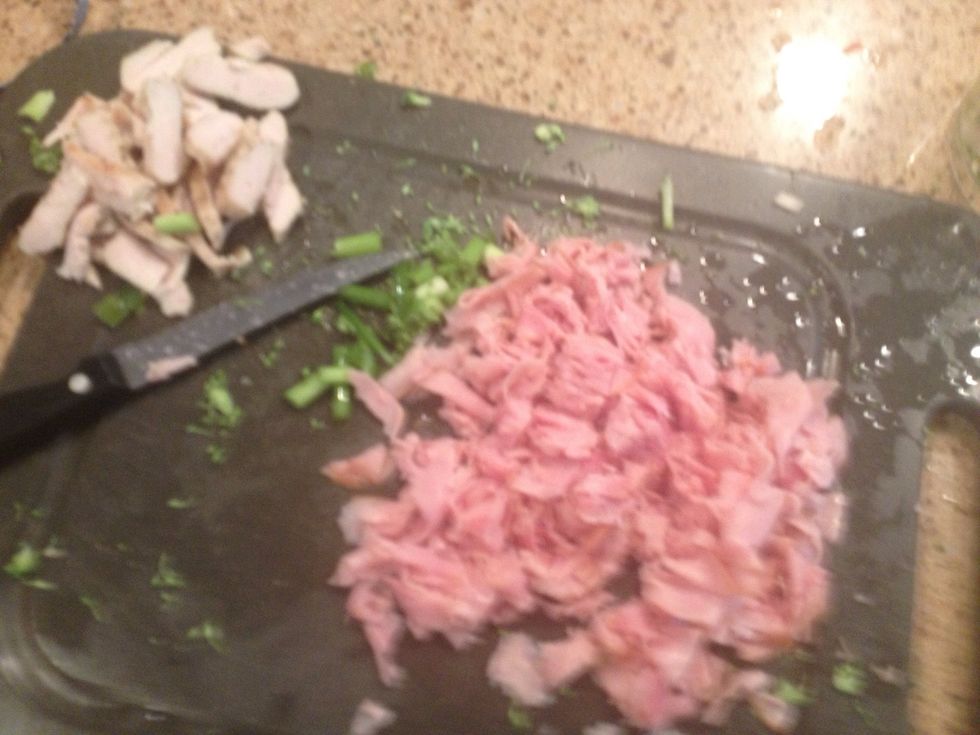 I had Deli Select ham so I chopped up 12 slices. Any meat can work. I sometimes use a whole bottle of Hormel real bacon bits instead of sausage.