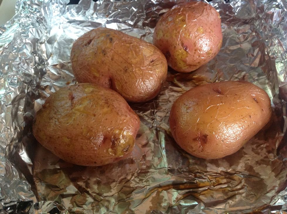 I had red potatoes on hand, so that is what I used for this tutorial, but this would also work great with Russet potatoes. Bake at 400 for 45-60 mins.