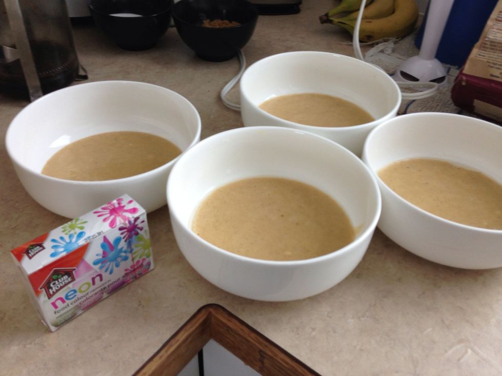 I have 4 different food colouring shades so I put about a half cup of batter into 4 different bowls. It should make about 6 mini cupcakes per colour.