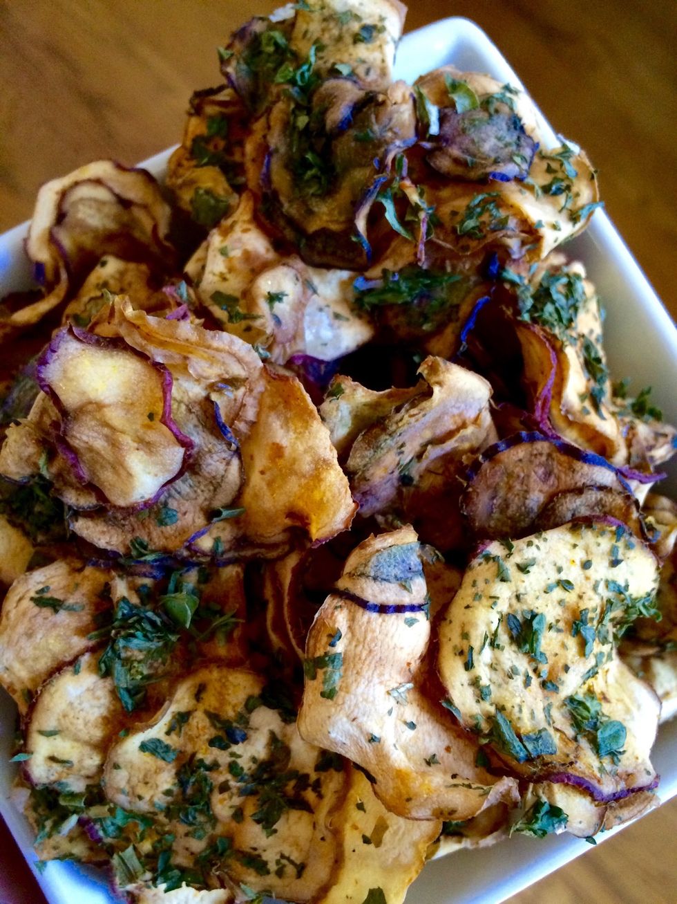 I have experimented - soaking is a MUST; otherwise, chips will be bitter. Also, Yukon Gold or any of the multi-colored potatoes will yield a more flavorful, nutrient-dense chip. Pure JOYFOOD!