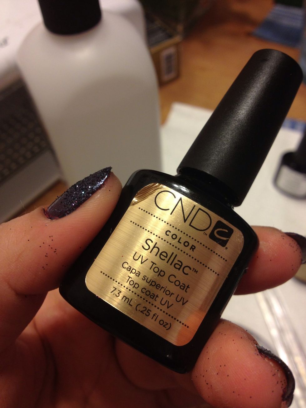 I have one bottle of top coat just for glitter. Do one layer, under the lamp for 2 minutes. And one more layer to have a smooth nail.Two more minutes then wipe off residue with an alcohol cotton ball