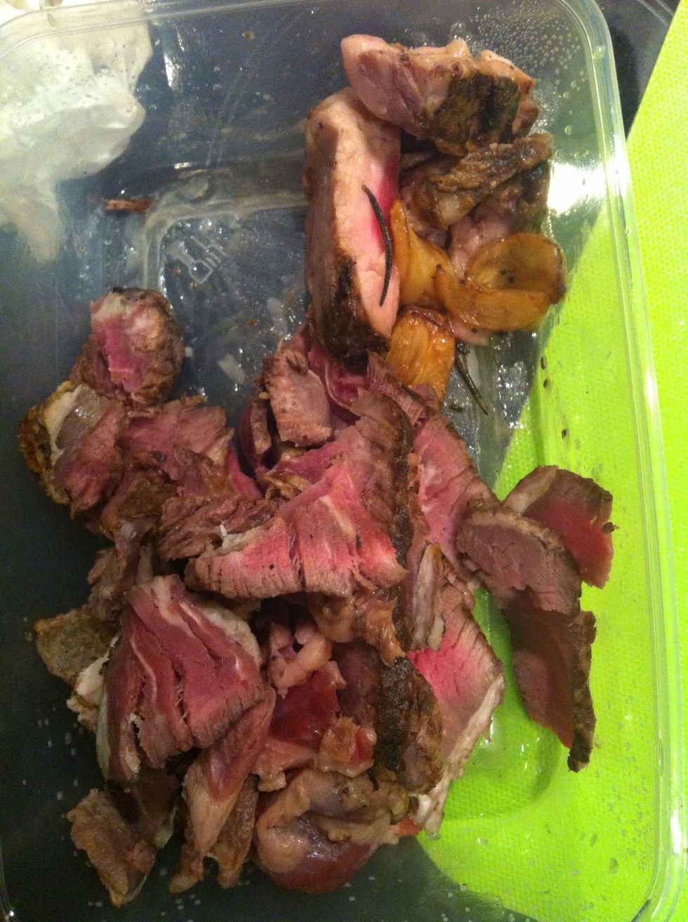 I have some left over steak from last night so I slice them really thin to add on to my salad