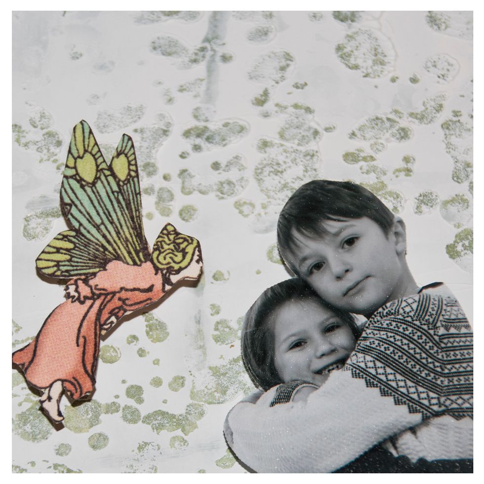 I have the same ammount of foam dots under the fairy as I did under my picture. So it looks like she is looking at them. If I used less foam dots, it would have looked like she was behind them.