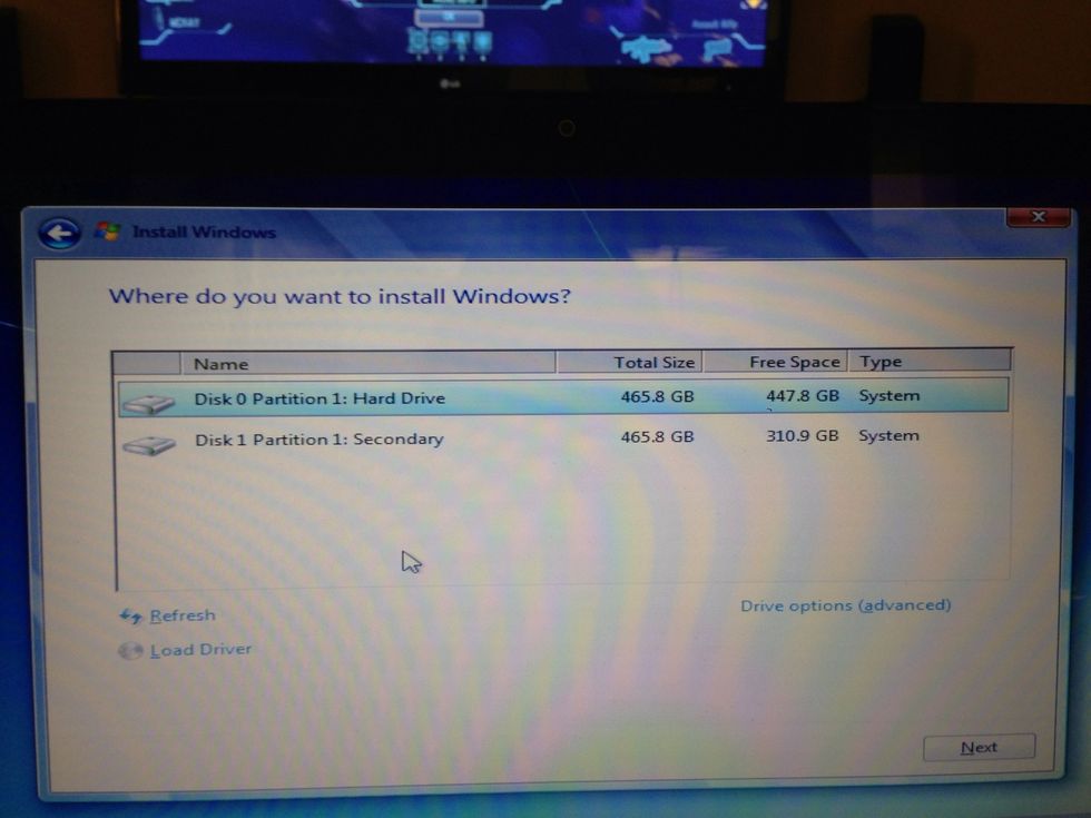 I have two hard drives on my computer, so normally you would only see one option here. Move your mouse to the desired hard drive you want to install windows 7.