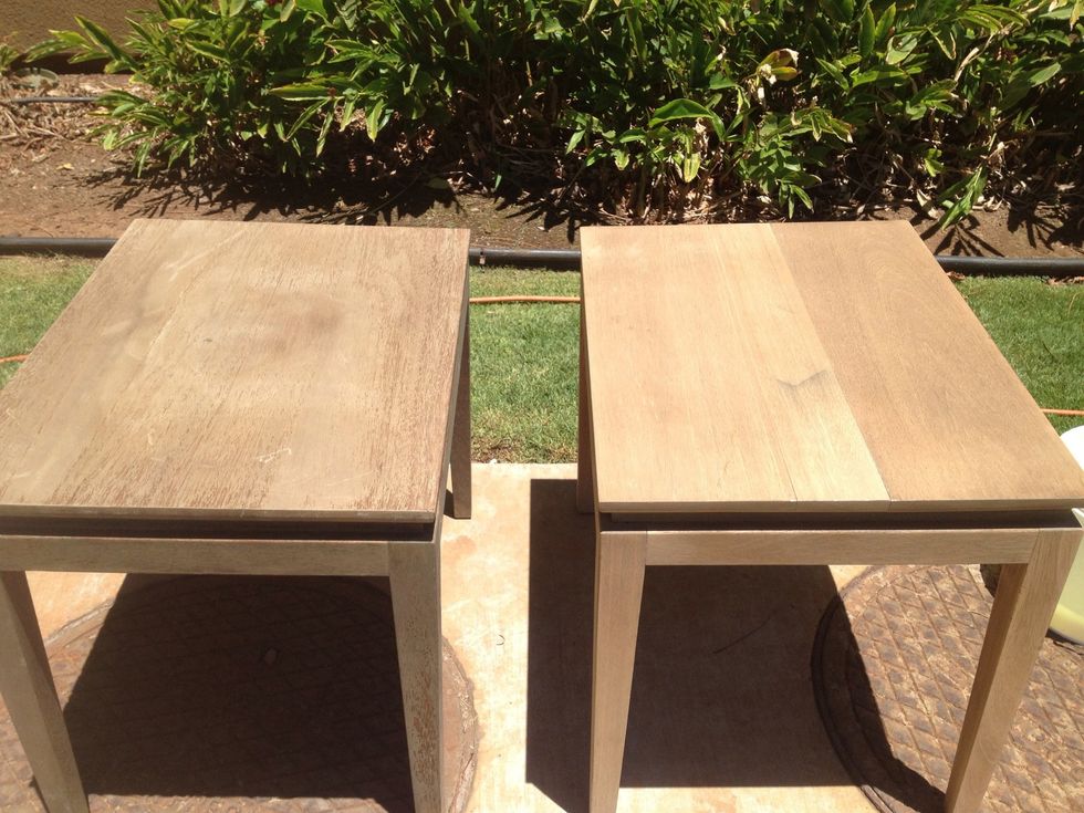 I have two tables so you can see how sanding brings it back to life. You could stain it at this point, but I chose to spray paint them