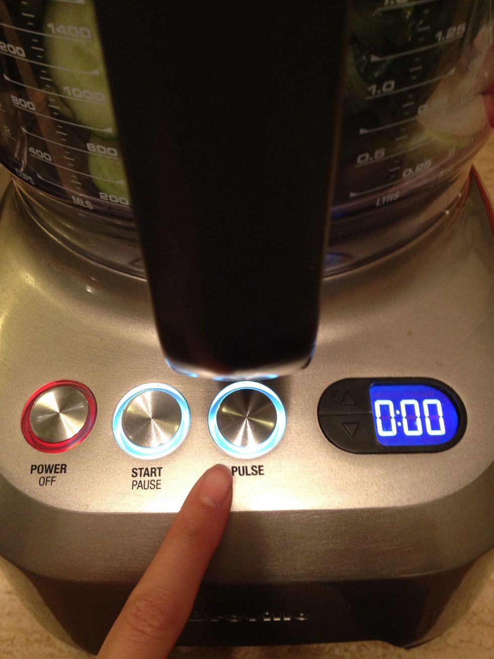 I hit the pulse button 8-10 times, then open and scrape down the sides. Pulse again 5 times.