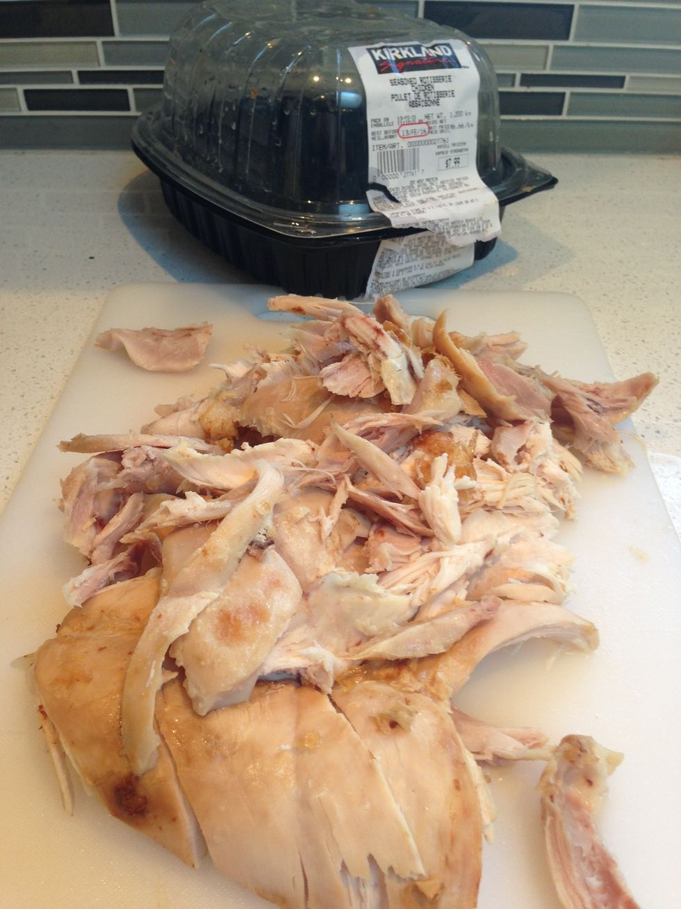 I just buy a rotisserie chicken and take the meat off the bones. I use 1/2 the meat diced for the soup.
