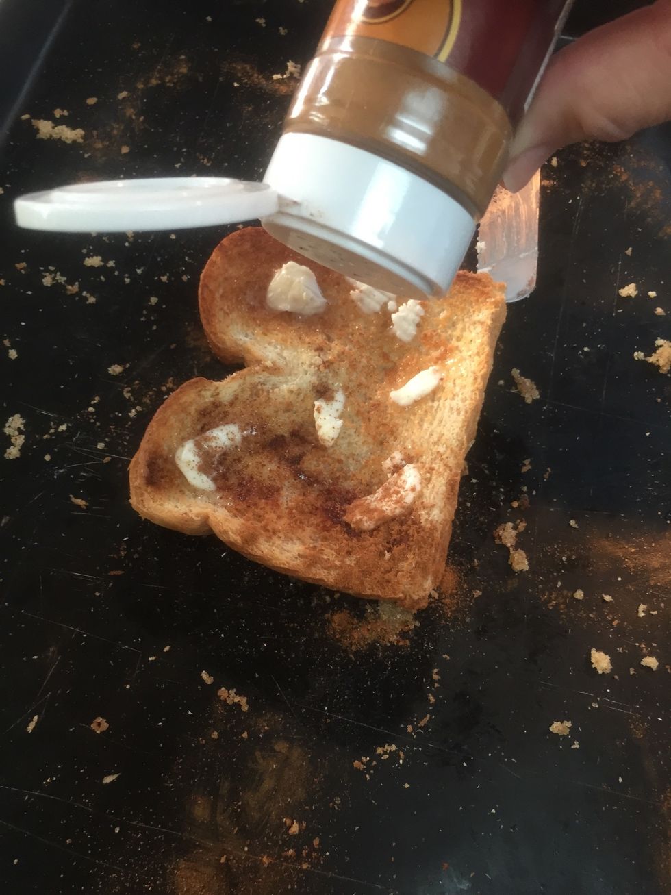 I know the recipe gives exact amounts but I simply sprinkle on a generous serving of cinnamon on each buttered slice.