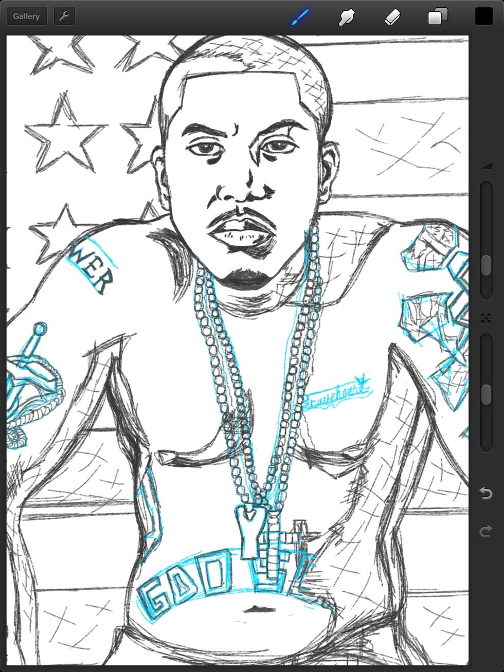 I lay down a rough sketch in blue and another graphite layer for more detail. As I draw I'm measuring all the little details. How many tattoos can I see, how is his head shaped? It's all important.