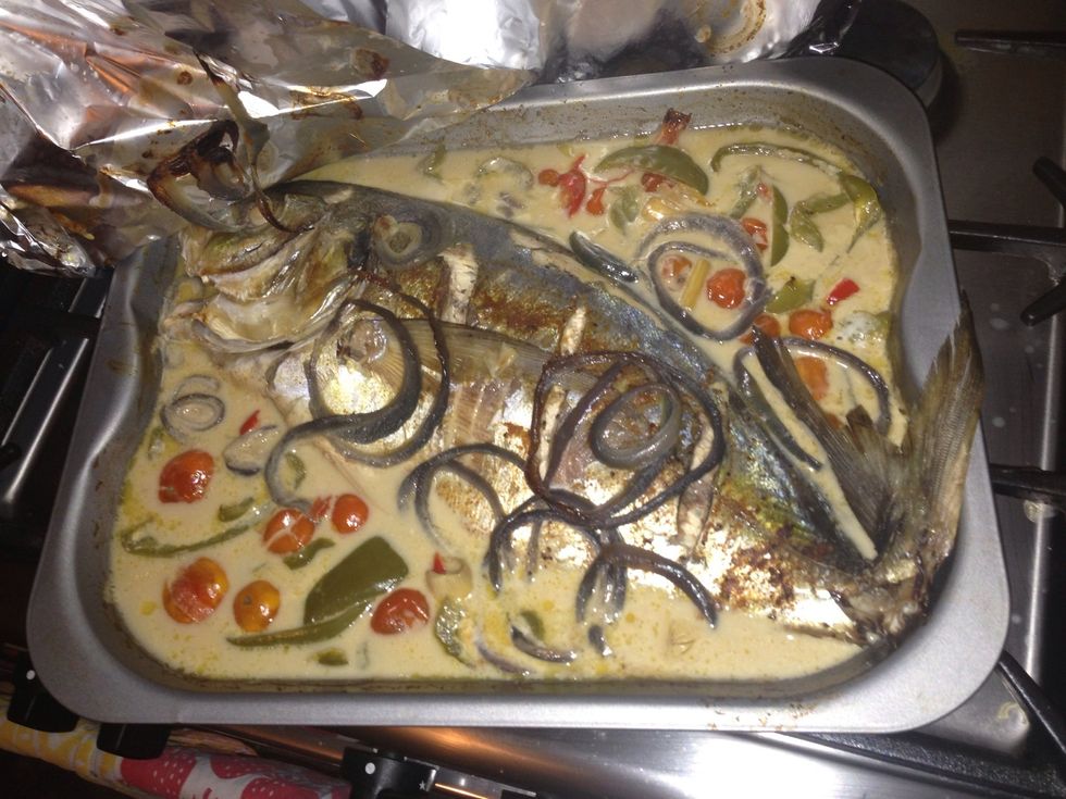 I left mine in for a bit longer as our fish was so big! Now it's beautifully steamed, meat is tender and all the flavours have combined beautifully!