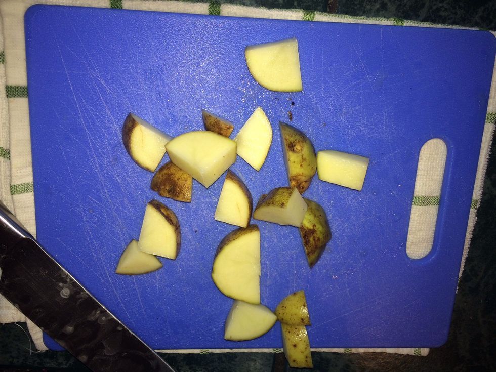 I left my potato skin on to help keep the shape of the chunks and because it's hard work peeling them!