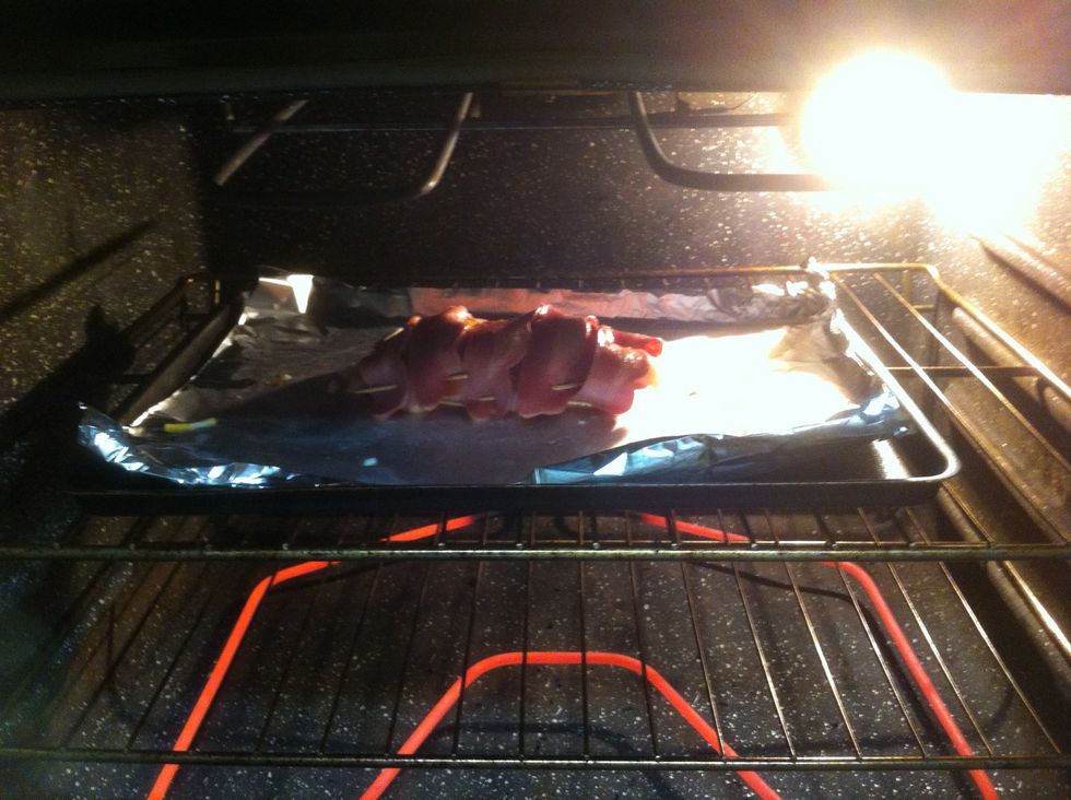 I let mine bake for about 20 minutes but YMMV. Cook until bacon is cooked and chicken is cooked on the inside.