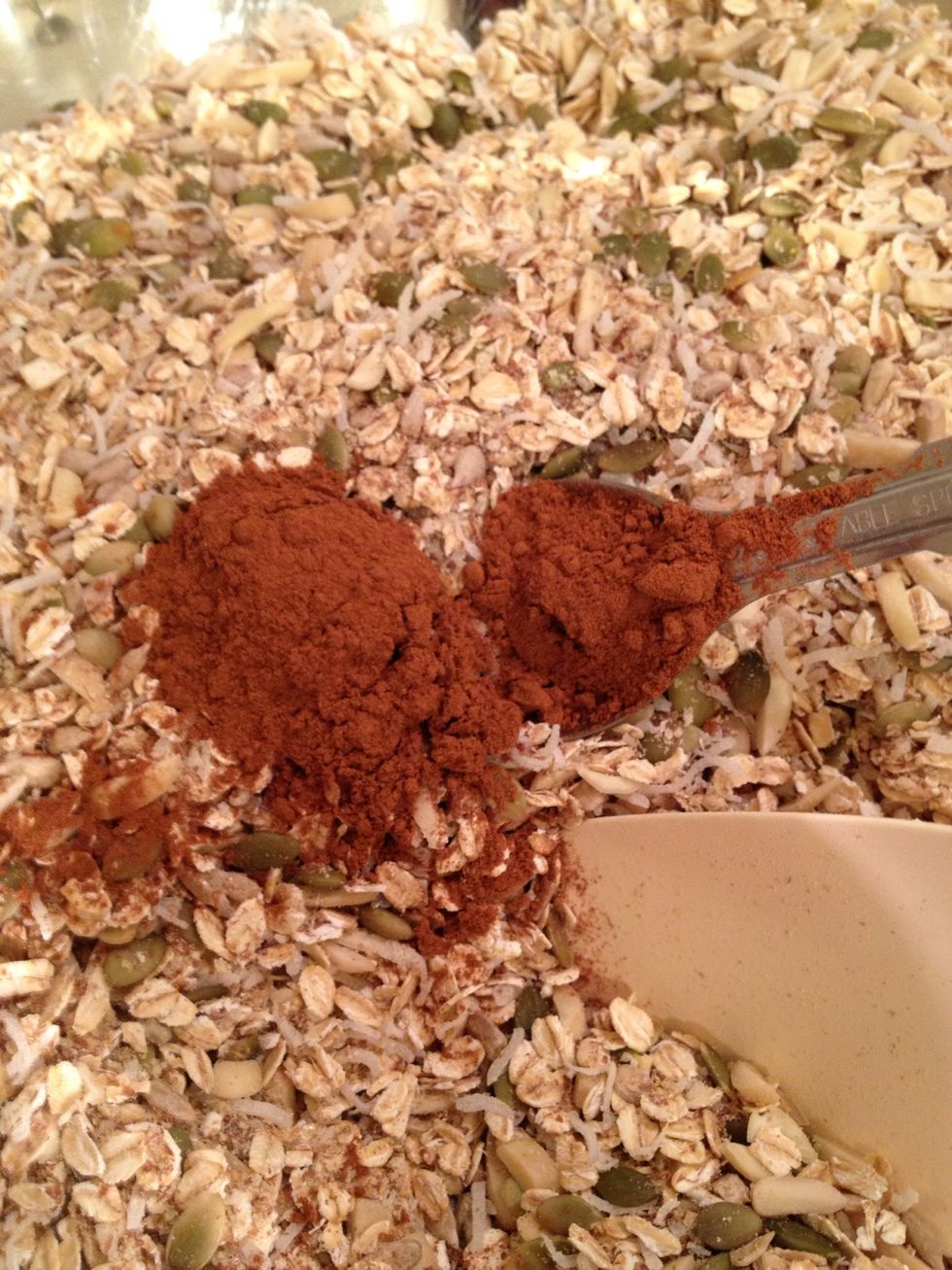 I like a lot of ground cinnamon, and sometimes I add a Tablespoon of ground ginger powder. It's up to you, but mix this AND the salt together THOROUGHLY with the dry ingredients.