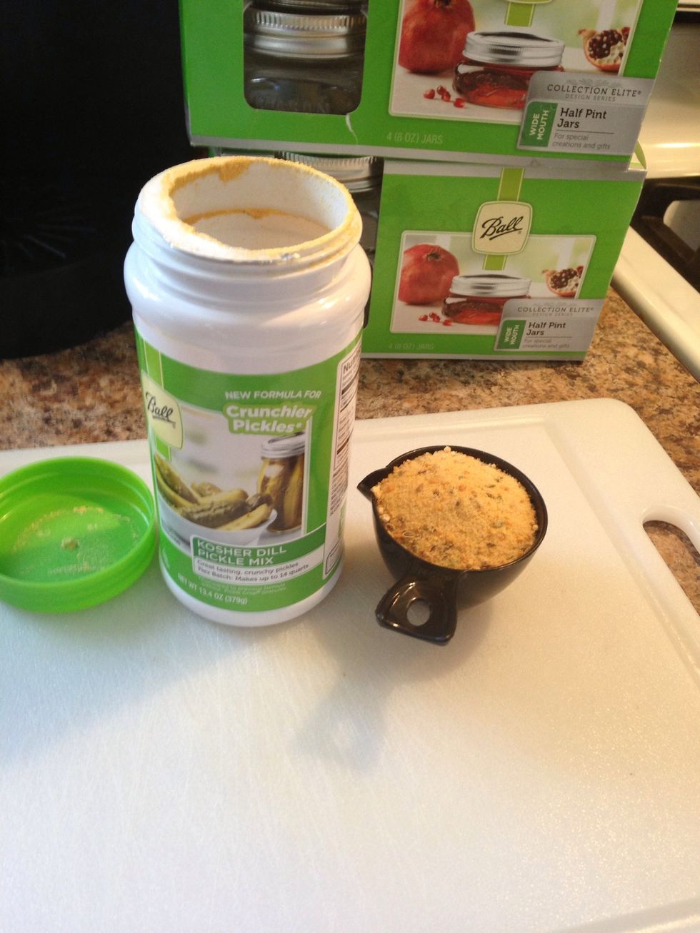 I like Ball dill pickle seasoning, it has great flavor and the pickles stay crisp. Measure 1/4 cup.