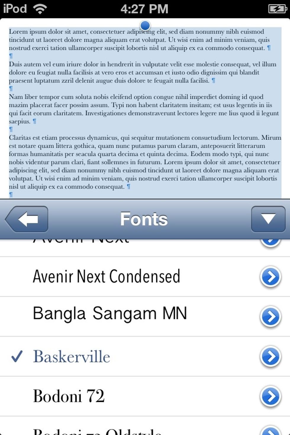 I like the BASKERVILLE font.