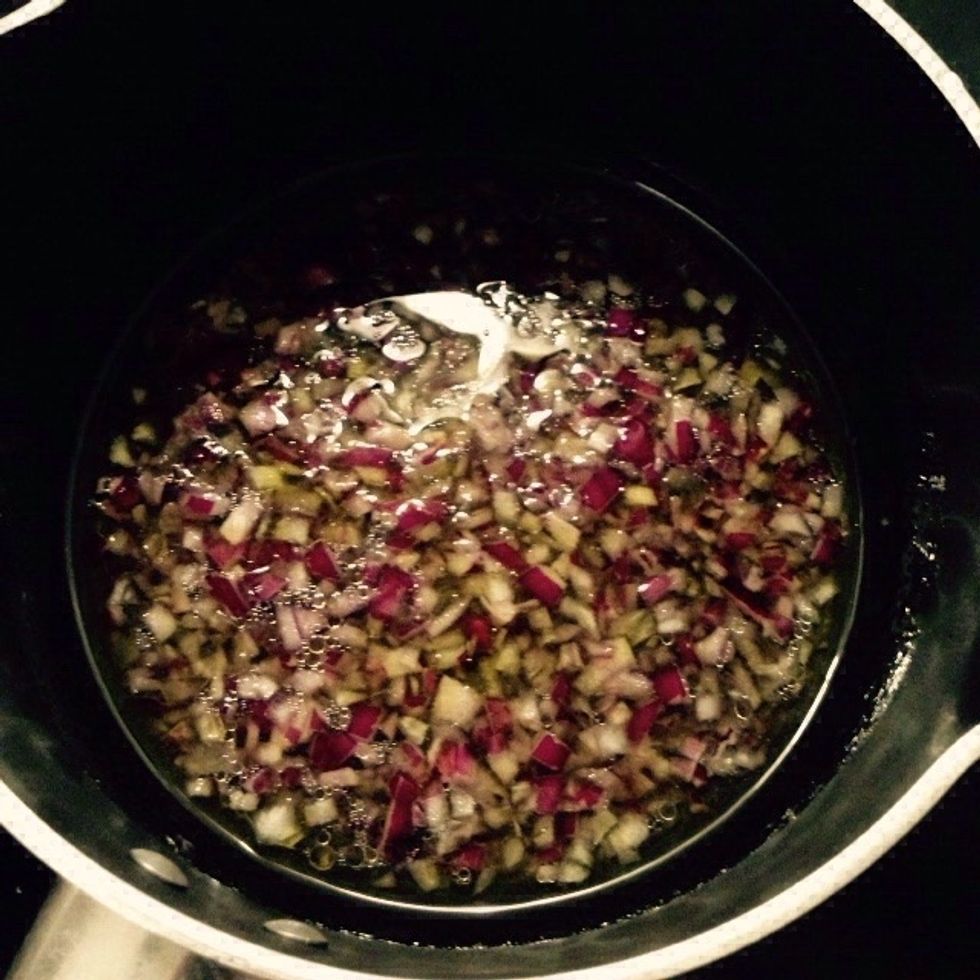 I like to cook the onion as I don't digest it easily raw, feel free to skip this if you like the taste of raw onion. Otherwise, put the onion in a small pot or pan with some olive oil and water