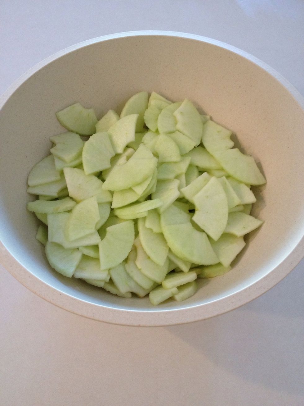 I like to cut my slices in fourths. Sprinkle with a couple of squirts of lemon juice, stir, and place in refrigerator.