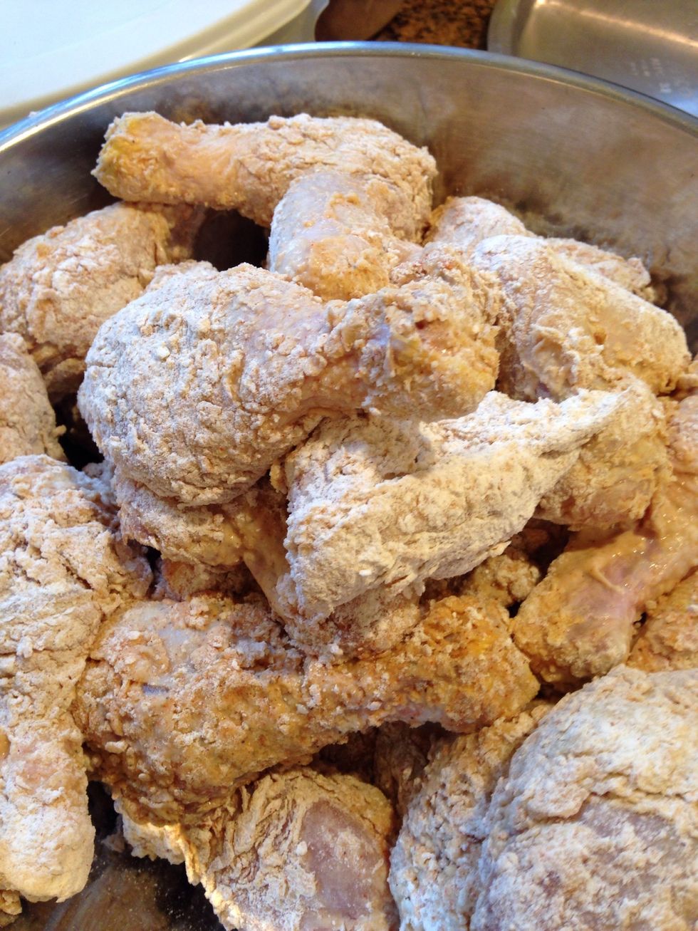 I like to get all the chicken ready to go before I start the oil that way I don't have to worry about watching the chicken and trying to prep at the same time.