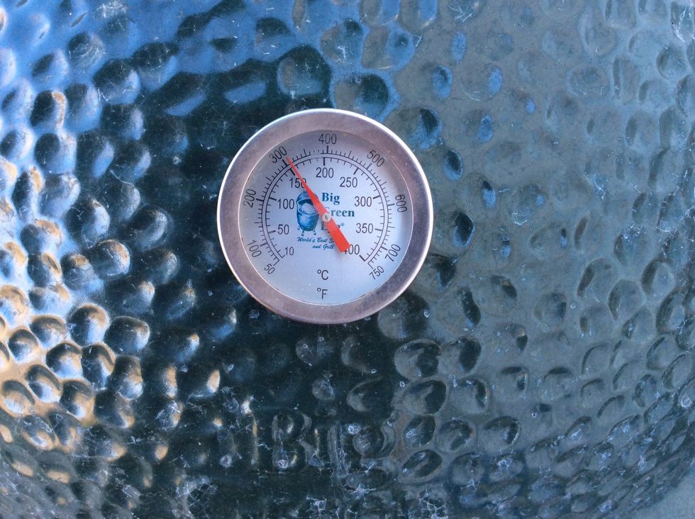 I like to get my grill up to 600 degrees. Then I back it down to 250-300 degrees.