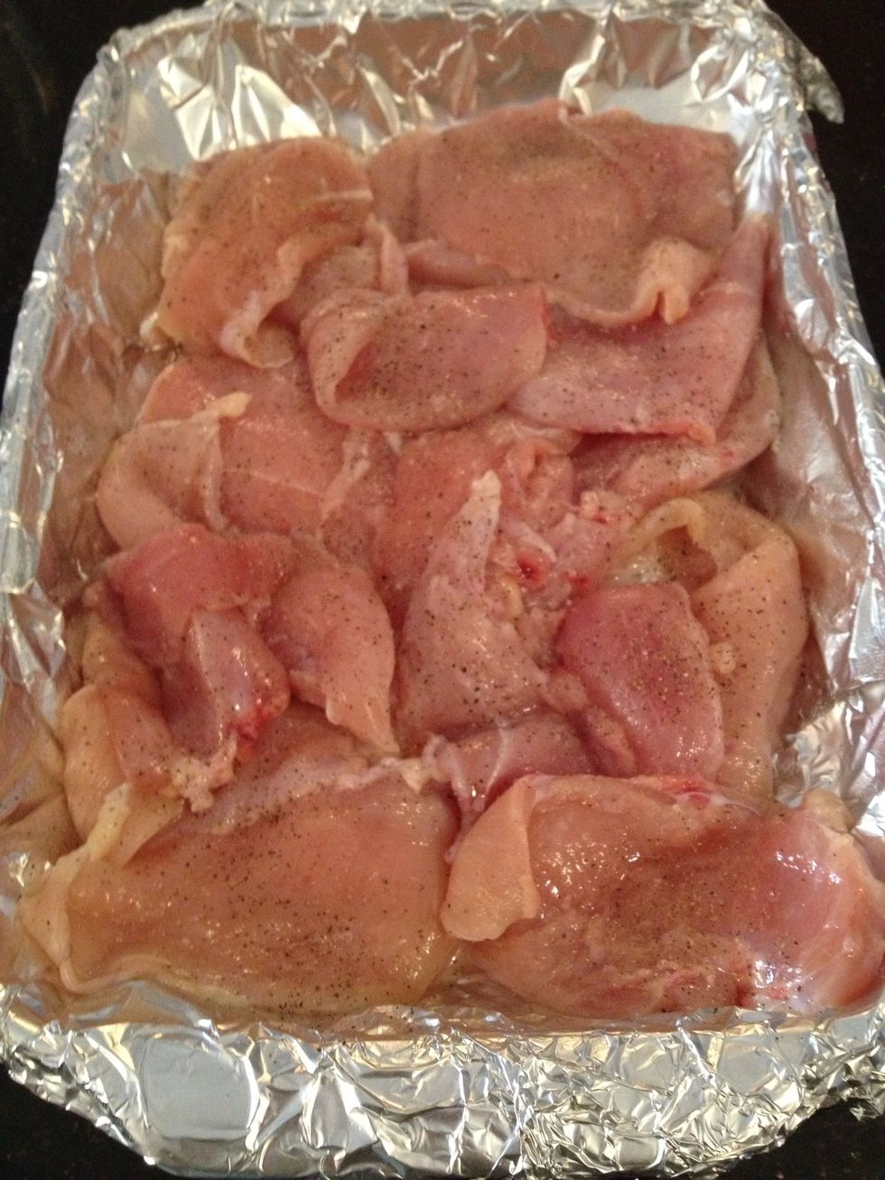 I like to line with foil for easy clean up:) place chicken and season with salt and pepper.