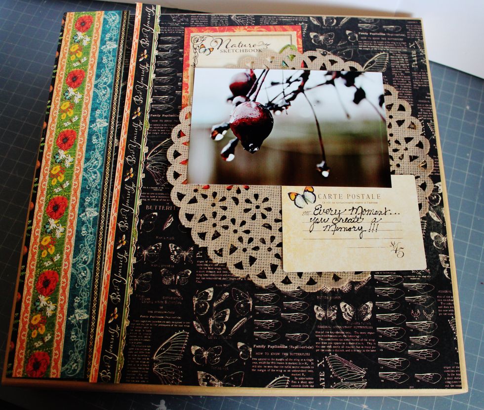 I like to place my pattern paper, ephemera and photo to my projects to determine the placement before I adhere them down.