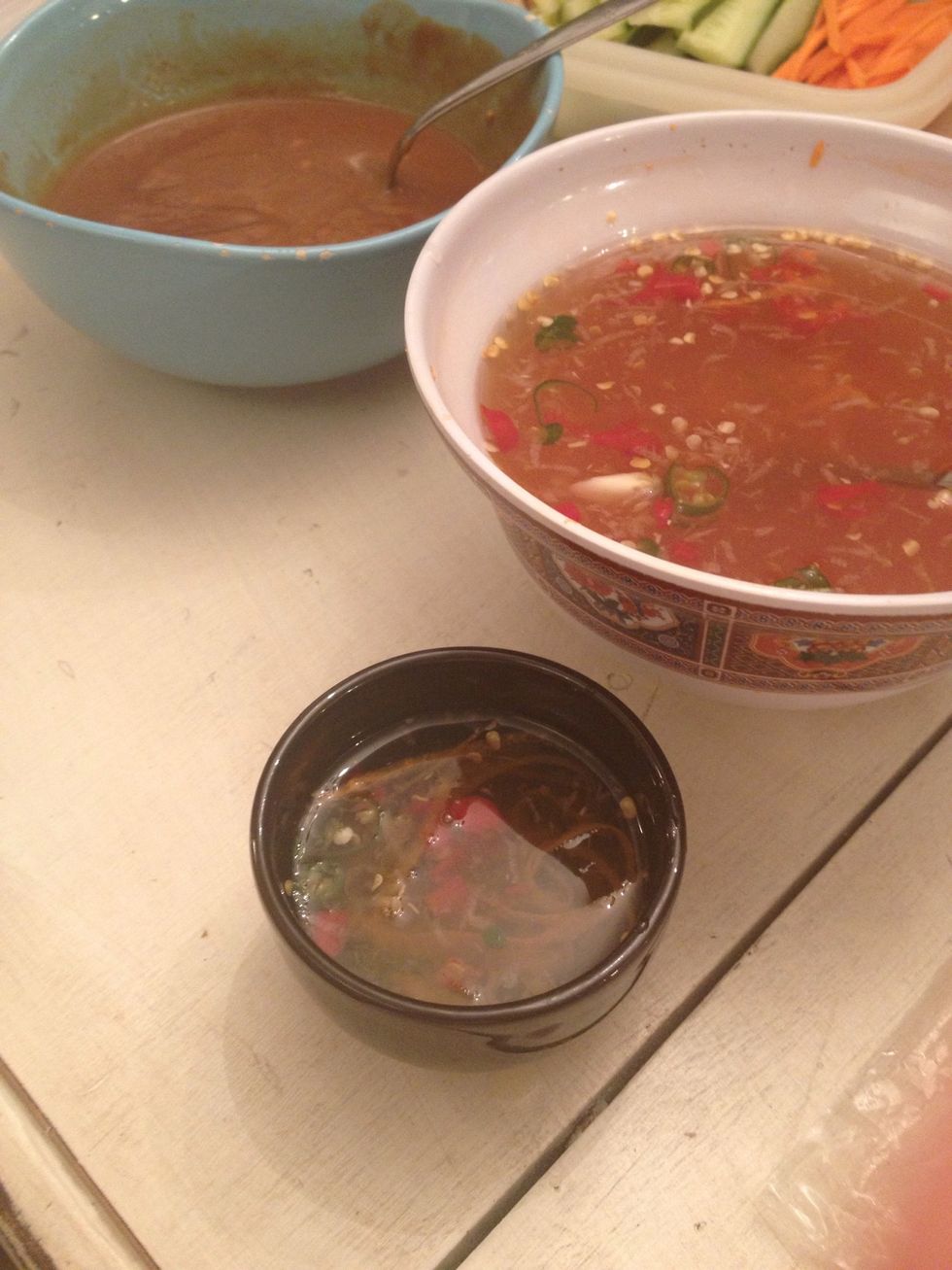 I like to pour my sauce in much smaller dish so you don't contaminate the big bowl. Use this nuoc cham(fish sauce) for vermicelli bowl later.