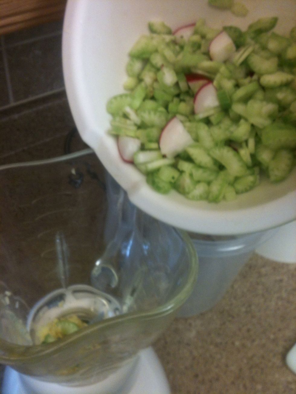 I like to start blending with the harder items first. They need more time to become soft. Blend them with enough water to cover an inch above them in the blender.