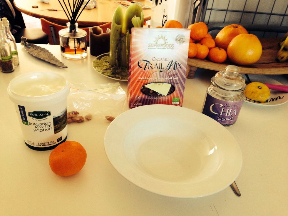 I like to start by collecting all my ingredients so that they are in easy reach. I use a shallow bowl simply for presentation, I love it when my food looks as good as it tastes!! mmm!