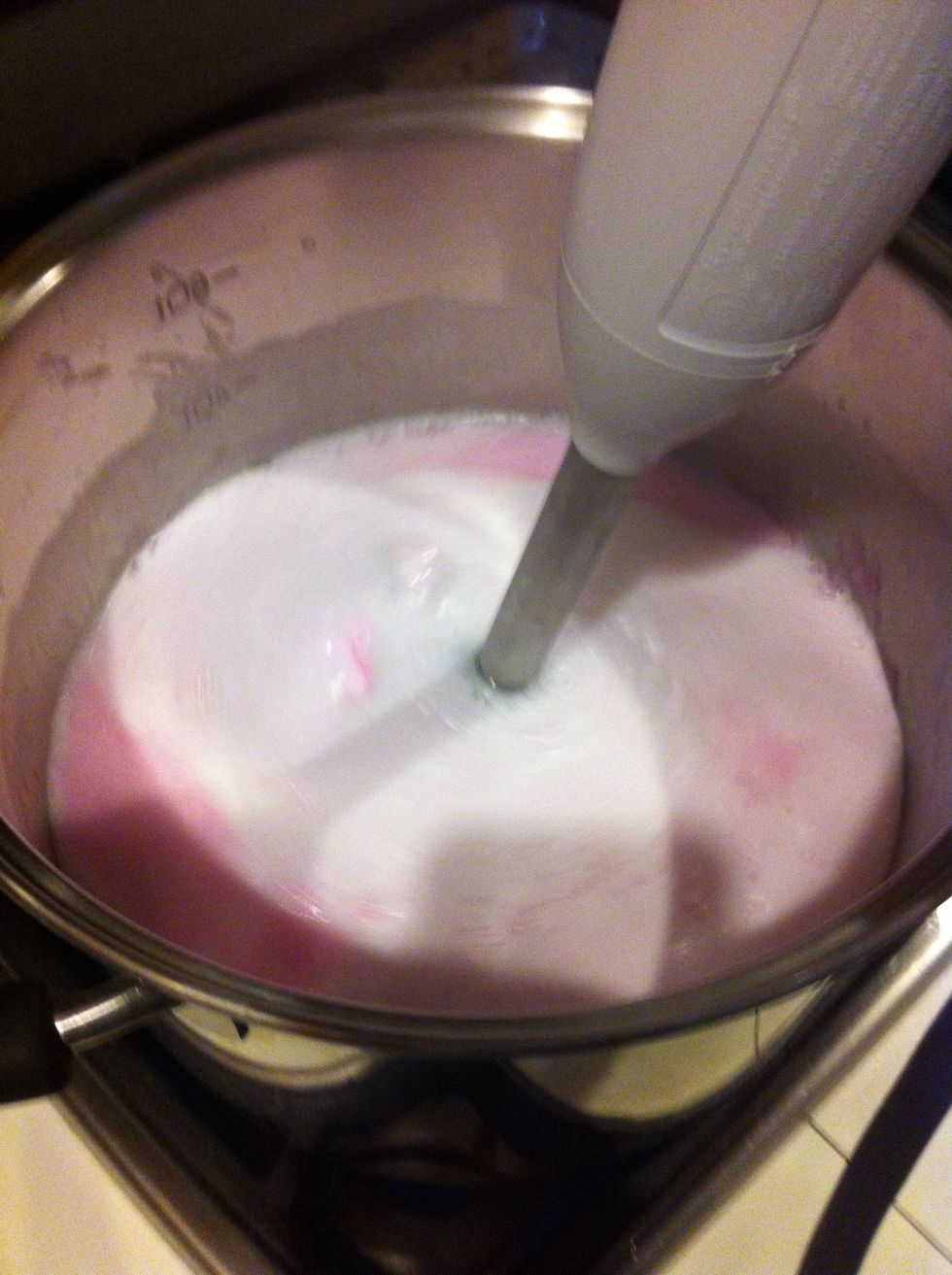 I like to use my immersion blender once all the soap is softened to break up any pieces not melted.