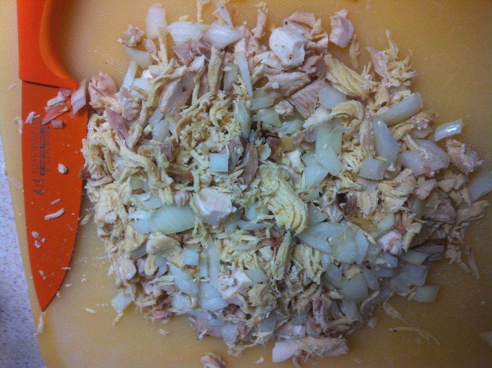 I like to use shredded chicken or turkey in ours. I have also used ground meat, but I prefer shredded meat better. Anyways either shred or chop up the meat. I chop the onion and mix it into the meat