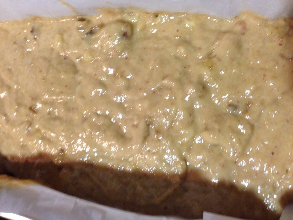 I line my pan with parchment paper. Pour the mixture to the pan and bake at 350F for 50-60 minutes if you using big pan. For smaller pan it take around 30 min.