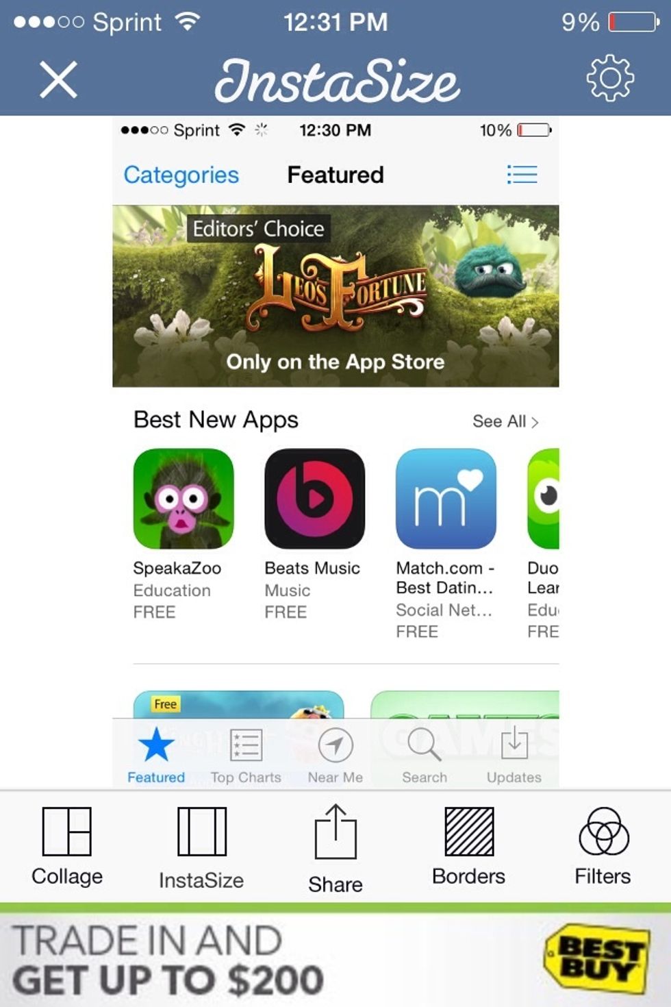 I'll be using the screenshot for step 1. All you have to do is press Insta Size and done! Now your photo is ready to be shared on Instagram or for you too save in your Photo Album.